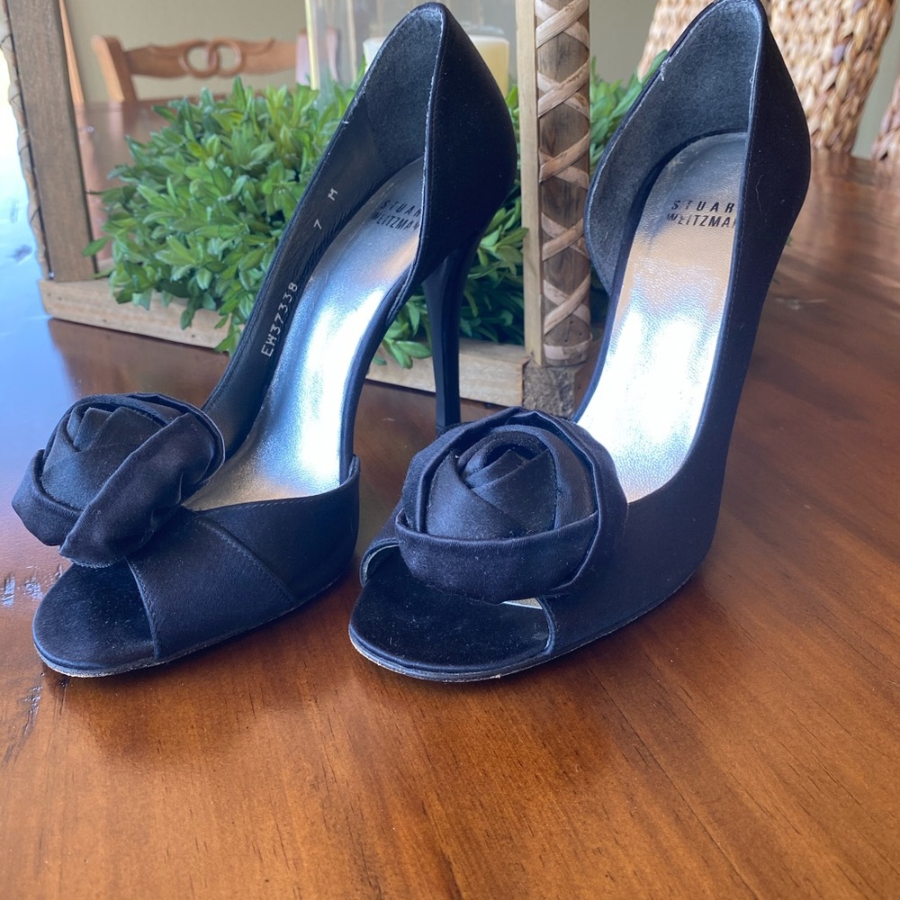 Stuart Weitzman Black Satan Heels View 2